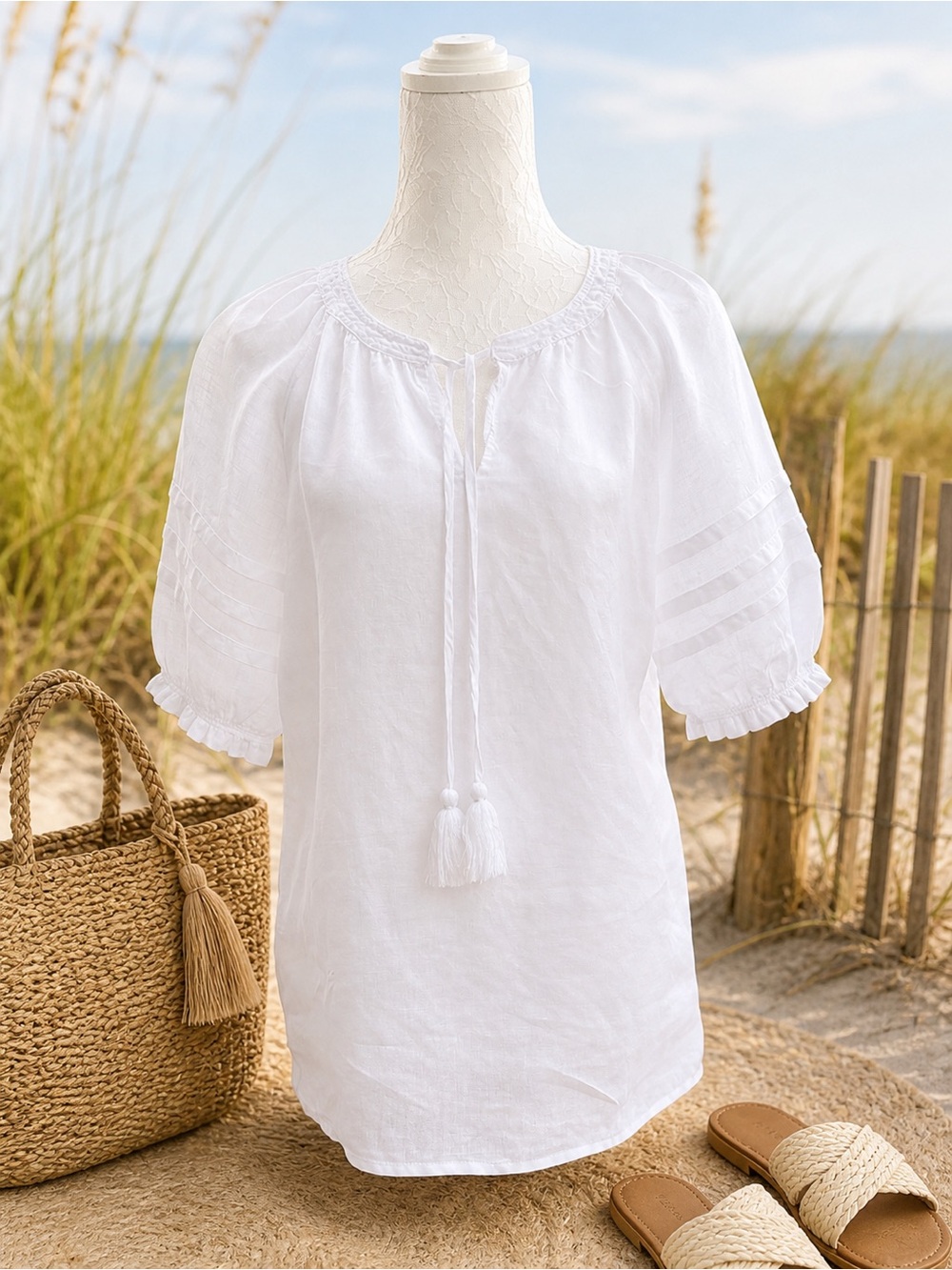 Talbots White Linen Tassel Tie Blouse Medium Coastal Boho Top
